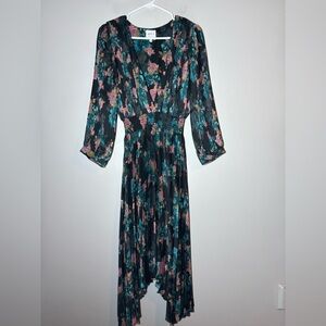 Misa Los Angeles Kirna Black Floral Print Pleated Satin Dress size XS